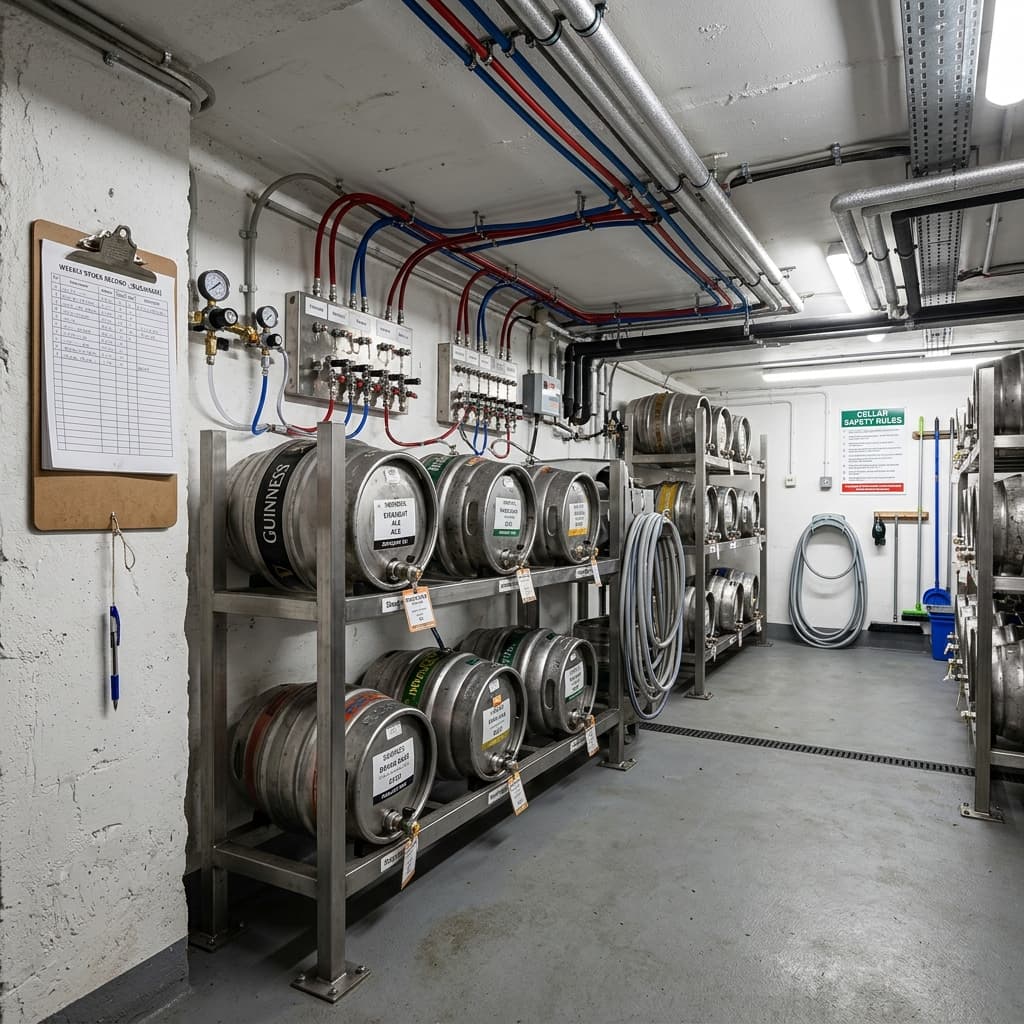 A well-organised pub cellar with kegs on stillage racks and stock sheets