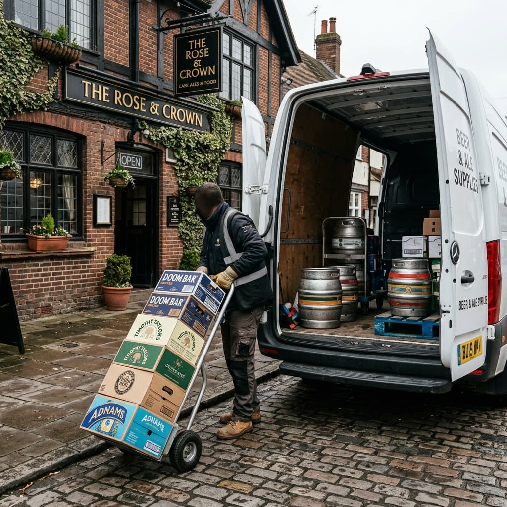 Beer delivery being unloaded at a British pub
